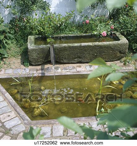 Stock Image - Old stone trough with water trickling down chute into small rectangular pool. Fotosearch