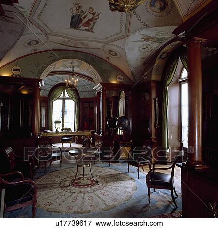 Stock Photo - Painted murals on vaulted ceiling in hall in stately home with antique silk carpet. Fotosearch