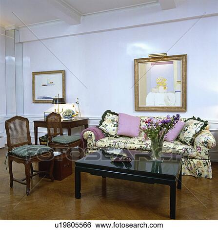 Parquet floor in traditional living room with floral sofa View Large Photo Image Stock Photograph - Parquet floor in traditional living room with floral sofa. Fotosearch