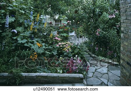 Paved path in town garden in summer View Large Photo Image Stock Image - Paved path in town garden in summer. Fotosearch