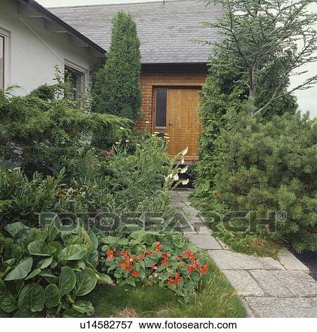 Stock Photo - Paved path through shrubs in small green town garden. Fotosearch