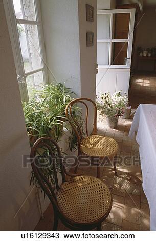 Stock Image - Plants on windowsill behind Thonet Bentwood chairs in white country hall with dining table. Fotosearch
