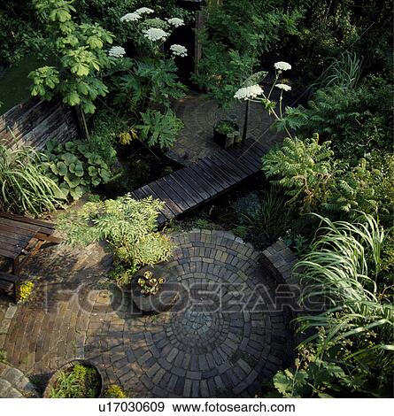 Pond with decking and water plants in town garden View Large Photo Image Stock Photo - Pond with decking and water plants in town garden. Fotosearch