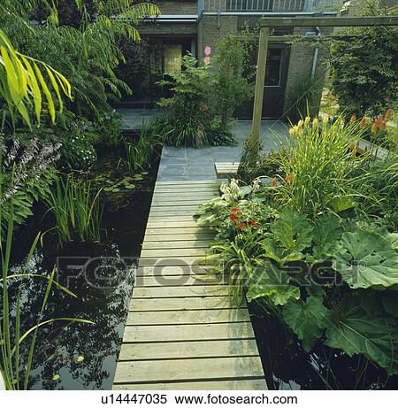 Stock Photography - Pond with decking and water plants in town garden. Fotosearch