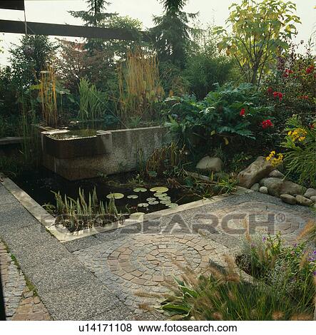 Pond with waterfall in country garden View Large Photo Image Stock Photo - Pond with waterfall in country garden. Fotosearch
