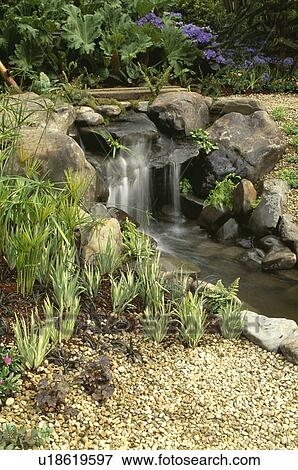 Pond with waterfall in country garden View Large Photo Image Stock Photo - Pond with waterfall in country garden. Fotosearch