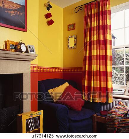 Stock Image Of Red Yellow Checked Curtains In Living Room Red Yellow Checked Curtains In Living Room