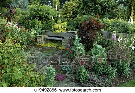 Rustic bench in country garden in summer View Large Photo Image Stock Photograph - Rustic bench in country garden in summer. Fotosearch