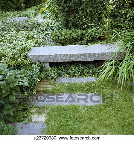 Stock Image - Rustic stone bench in green country garden in summer. Fotosearch