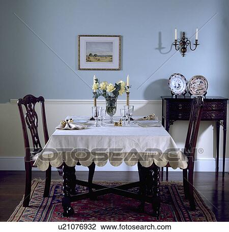 Scalloped-edge linen cloth on table in pastel blue diningroom with white dado View Large Photo Image Stock Image - Scalloped-edge linen cloth on table in pastel blue diningroom with white dado. Fotosearch