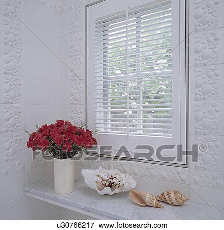 Stock Photo - Seashells and red carnations in vase on marble shelf below window with white plantation shutters in tiled wall. Fotosearch