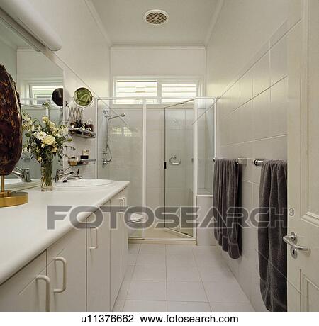 Stock Image - shower, interior, monochromatic, white, hr 435, town, interiors. Fotosearch