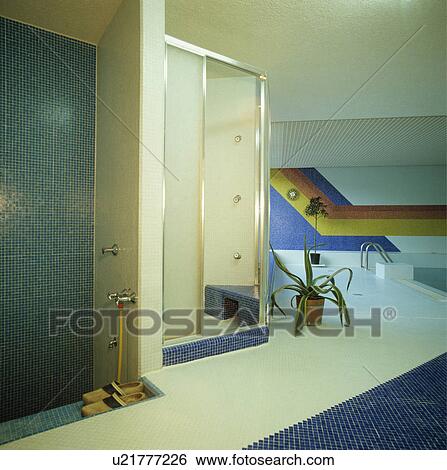 Showers in modern indoor swimming pool View Large Photo Image Stock Photograph - Showers in modern indoor swimming pool. Fotosearch