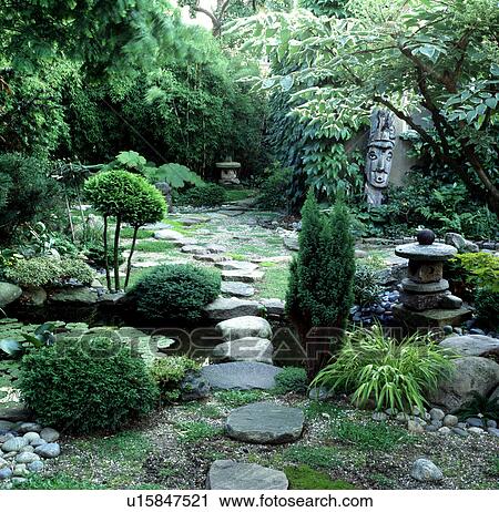 Stock Image - Small water feature in oriental-style town garden. Fotosearch