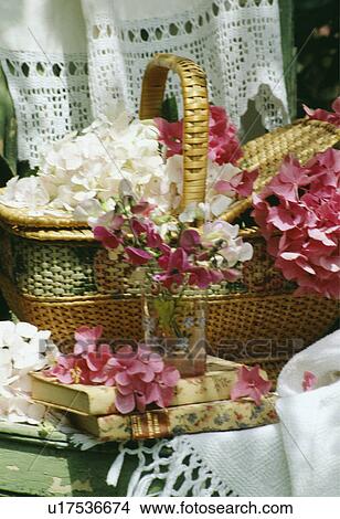 Picture - Still-Life of sweetpeas and basket of pink hydrangeas. Fotosearch