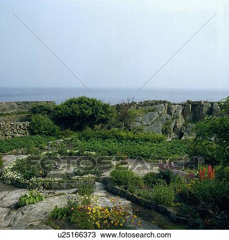 Stock Image - Stone paving and summer plants in coastal garden with stone walls. Fotosearch