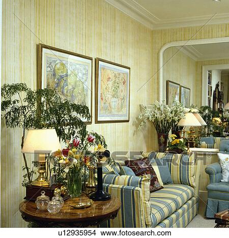 Striped Blue Yellow Sofa In Traditional Living Room Picture