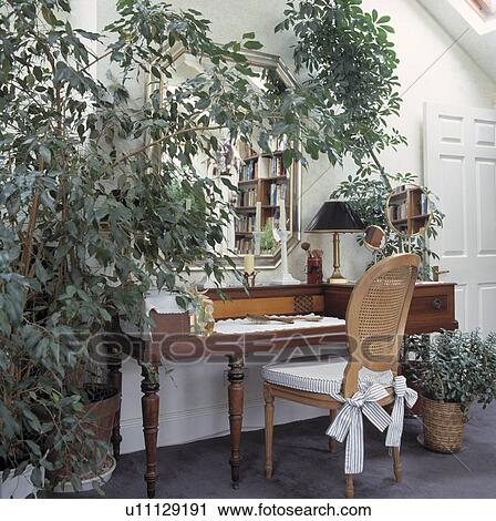 Stock Image - Tall green houseplants and caneback chair with antique table in bedroom. Fotosearch