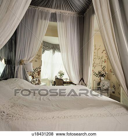 Stock Photo - Traditional bedroom with hand painted mural and four-poster-bed . Fotosearch