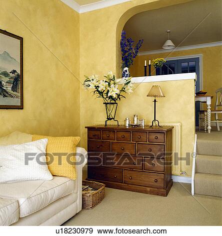 Traditional yellow living room with white sofa View Large Photo Image Stock Photo - Traditional yellow living room with white sofa. Fotosearch