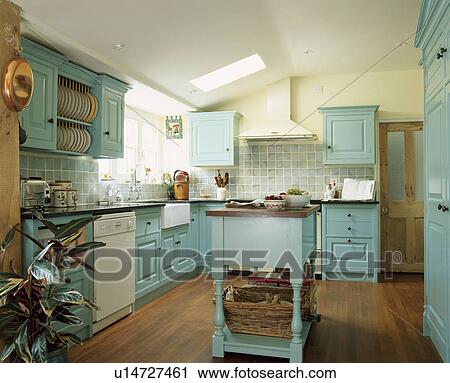 Turquoise traditional wooden kitchen. View Large Photo Image Stock Image - Turquoise traditional wooden kitchen.. Fotosearch