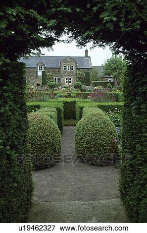 View of clipped shrubs and hedge through yew arch in large country garden View Large Photo Image Stock Photo - View of clipped shrubs and hedge through yew arch in large country garden. Fotosearch