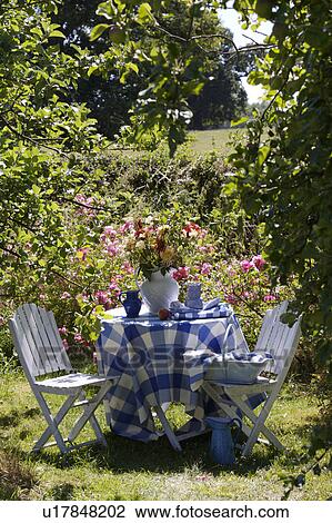 Stock Image - White chairs and table with blue+white checked cloth in country garden in summer. Fotosearch