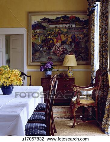 White cloth on rectangular table in yellow dining room with large picture on the wall View Large Photo Image Stock Image - White cloth on rectangular table in yellow dining room with large picture on the wall. Fotosearch