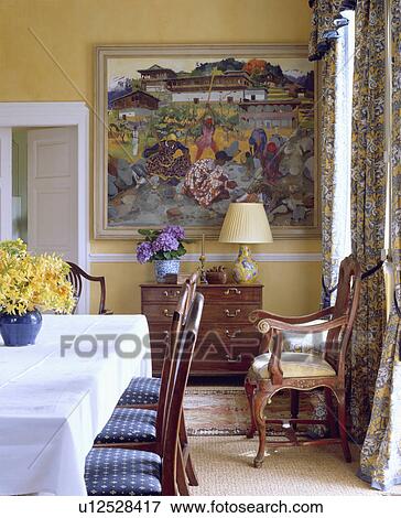Stock Photo - White cloth on rectangular table in yellow dining room with large picture on the wall. Fotosearch