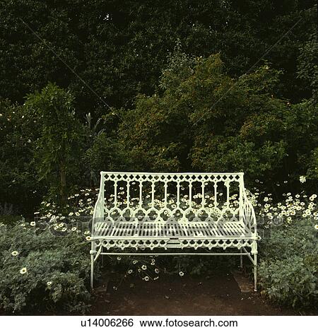 Stock Photograph - White metal bench in large country garden in summer. Fotosearch