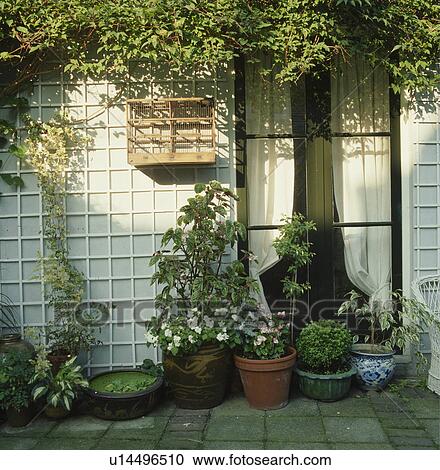 Stock Image - White trellis on wall of small white house. Fotosearch