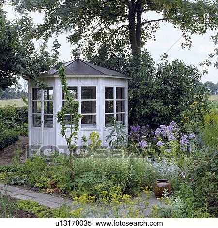 White wooden summerhouse below tree in large country garden in summer View Large Photo Image Stock Photography - White wooden summerhouse below tree in large country garden in summer. Fotosearch