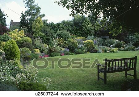 Picture - Wooden bench on lawn in country garden in summer. Fotosearch