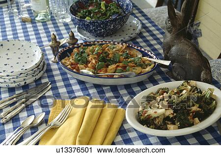 Stock Image - yellow, summer, vegetarian, salad, pasta, blue, food. Fotosearch