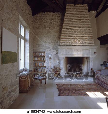 8th Century French Living Room With Stone Walls And Large