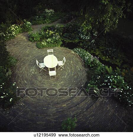 Stock Photo - Aerial view of circular patio in town garden. Fotosearch