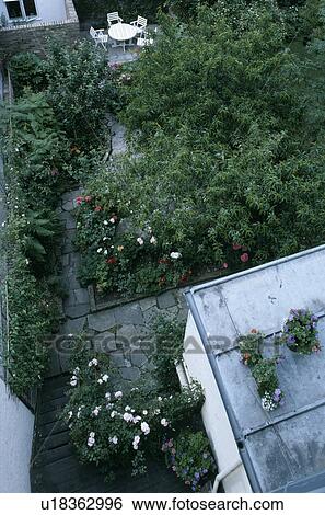 Stock Photograph - Aerial view of small town garden. Fotosearch