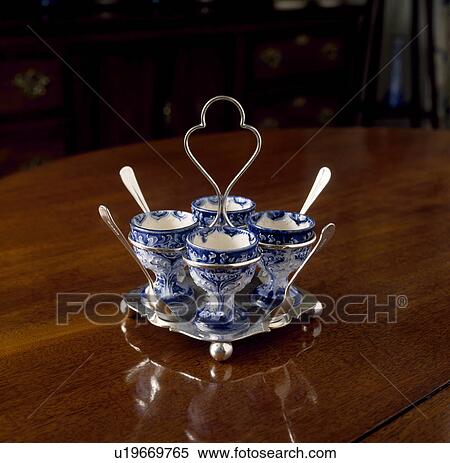 Antique Blue And White Egg Cups On Silver Server Stock Photography Antique Blue And White Egg Cups On