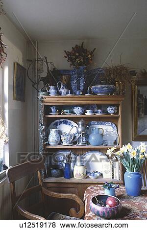 Antique Blue White Crockery On Small Pine Dresser In Cottage