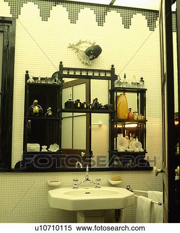 Antique Edwardian Mirror With Shelves On Tiled Wall With Black