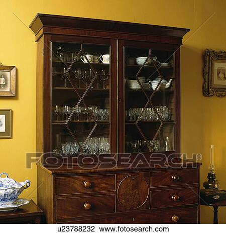 Antique Mahogany Dresser With Glass Doors And China And Glass
