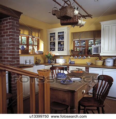 Antique Pine Table And Chairs Below Wooden Rack In Small Yellow Antique Pine Table And Chairs Below