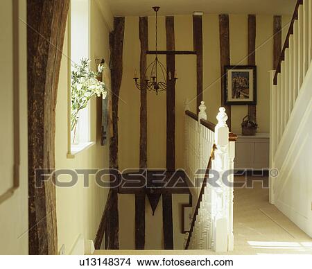 Beamed walls on neutral cottage landing View Large Photo Image Picture - Beamed walls on neutral cottage landing. Fotosearch