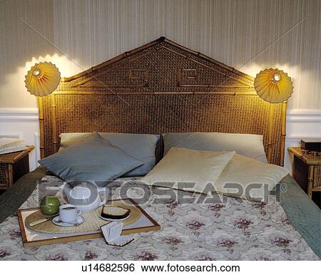 Bed with Bamboo Headboard. View Large Photo Image Stock Photograph - Bed with Bamboo Headboard.. Fotosearch
