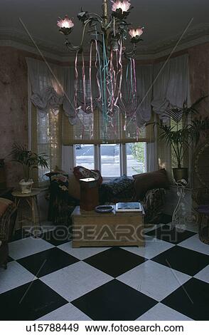 Black+white chequerboard flooring in living room View Large Photo Image Stock Photo - Black+white chequerboard flooring in living room. Fotosearch