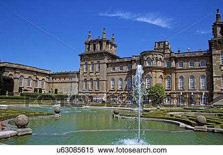 Stock Photography - Blenheim Palace, Woodstock, near Oxford, Oxfordshire, England. Water fountain in upper water terrace and visitors. Fotosearch