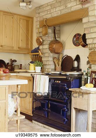 Blue Aga oven in cottage kitchen View Large Photo Image Stock Photography - Blue Aga oven in cottage kitchen . Fotosearch