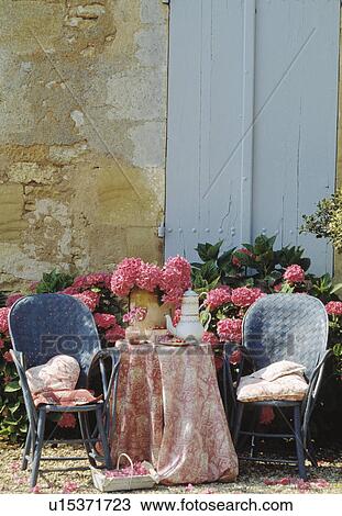 Blue chairs and pink cloth on table in country garden in summer View Large Photo Image Stock Image - Blue chairs and pink cloth on table in country garden in summer. Fotosearch
