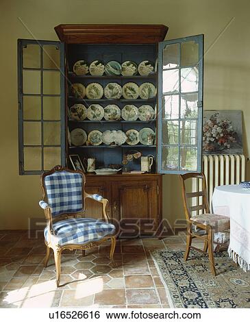 Blue White Checked Upholstered Louis Chair In Front Of Antique