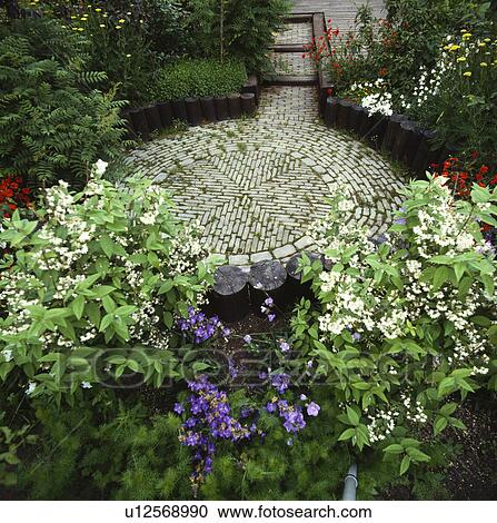Stock Image - Circular paved patio in country garden in summer. Fotosearch